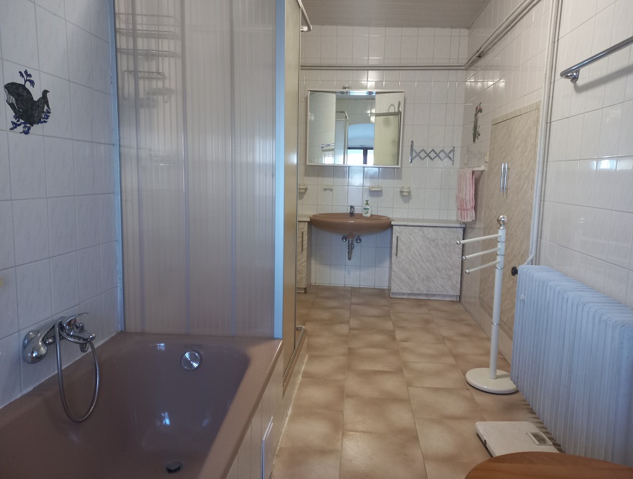 Koupelna v přízemí je vybavena toaletou, umyvadlem, vanou a sprchovým koutem